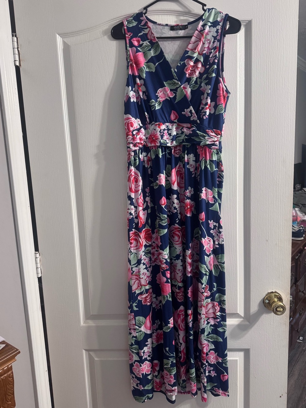 Navy Floral Maxi Dress with Pink Roses